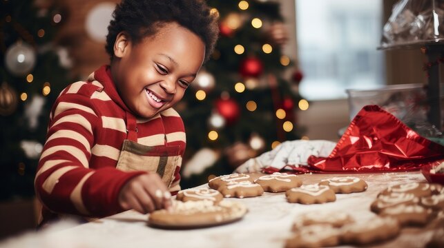 Smiling African American child with Down syndrome decorates Christmas cookies. Merry Christmas and Happy New Year concept.