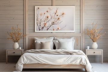 Modern bedroom with bed and linen bed linen in light beige shades. AI generated