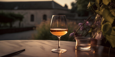Obraz premium Cognac in the glass on the table outdoors on background of winery yard