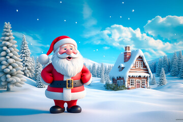 Santa Claus smiling in front of house and snow field, 3d render.