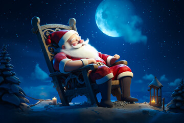 Santa Claus sleeping on the bench, Christmas background.