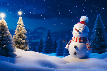 Snow man with decorated pine tree and star, Christmas background.