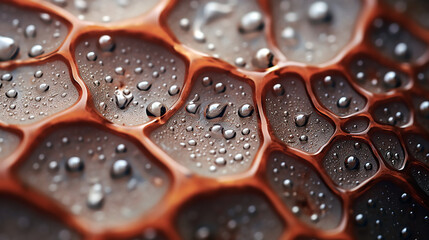Textura en primer plano de forma de panal de abeja de color marrón y gris con gotas de agua de lluvia. - obrazy, fototapety, plakaty