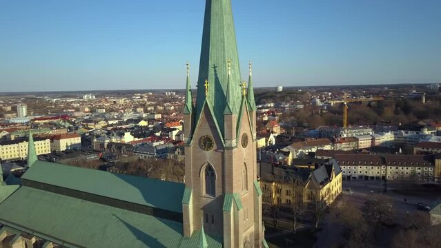 Aerial view of old historical Linkoping city in Sweden. European architecture in Scandinavian town