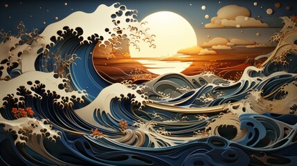 Waves Kintsugi art. Kintsugi style digital background. Traditional Japanese art technique 