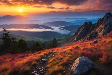 Obraz premium Early morning hike to a mountaintop, where you witness the sunrise over a vast valley, highlighting the play of colors in the sky and the awakening of the world. sky