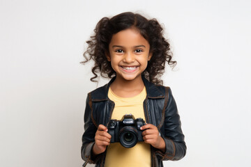 Indian little girl child holding camera and smiling