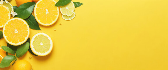 Background of a tropical summer with flowers, leaves, and citrus fruits. Lemon, lime, and orange on...