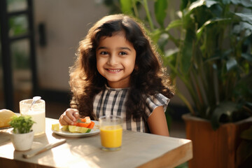 Obraz na płótnie Canvas Cute indian little girl eating breakfast at home