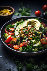 A nutrient-packed kale salad with colorful vegetables, nuts, and seeds, captured against a simple and uncluttered background, conveying a sense of wellness and healthy eating.