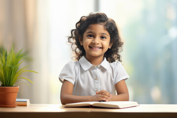 Fototapeta premium indian little school girl studying at home.