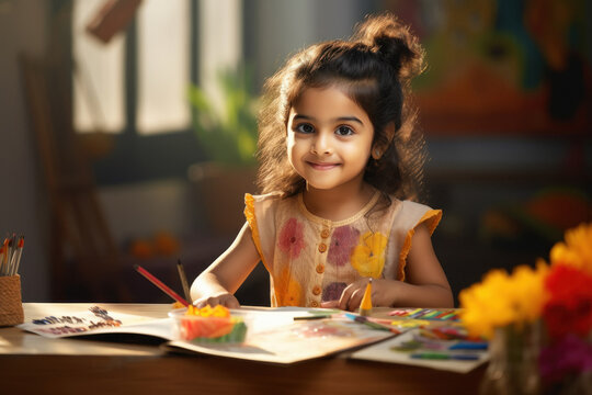 indian little girl drawing picture or studying at home
