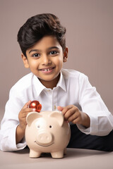 Fototapeta na wymiar Little boy using piggy bank and smiling