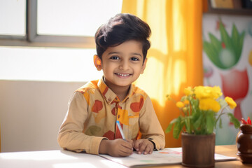 Fototapeta premium indian little boy drawing picture or studying at home