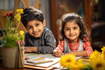 indian little siblings drawing picture or studying at home - obrazy, fototapety, plakaty