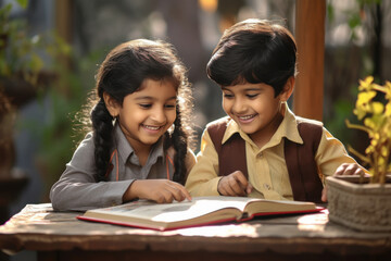 Cute indian little siblings studying together at home - obrazy, fototapety, plakaty