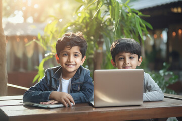 Cute indian little brothers or friends using laptop