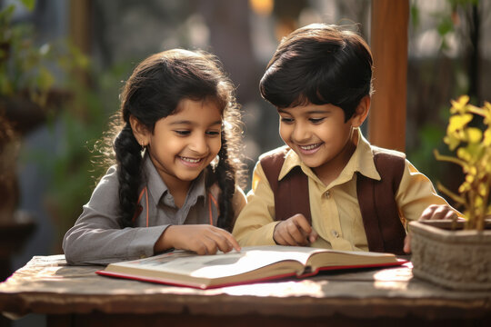 Cute Indian Little Siblings Studying Together At Home