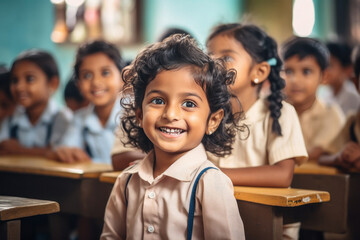 Indian little girls sitting in classroom at school. - obrazy, fototapety, plakaty