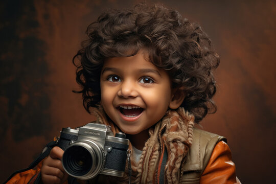Indian little boy child holding camera and smiling