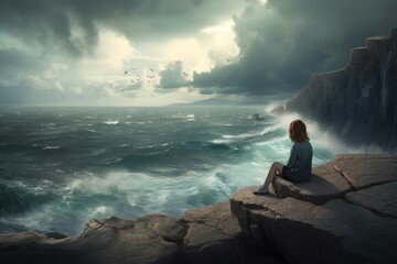 Girl cliff ocean. Nature summer storm. Generate Ai - obrazy, fototapety, plakaty