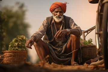 Farmer using bicycle, village life concept