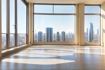 Fototapeta premium Sunny spacious empty room with ceramic tiles floor and city view from blinds on big windows. luxury