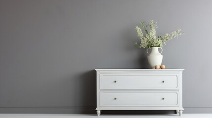 White contemporary dresser minimalistic furniture in an empty room with a grey wall background, little closet with decor, vases, and a bouquet of lily of the valley flowers, warm apartment house inter