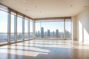 Sunny spacious empty room with ceramic tiles floor and city view from blinds on big windows. window