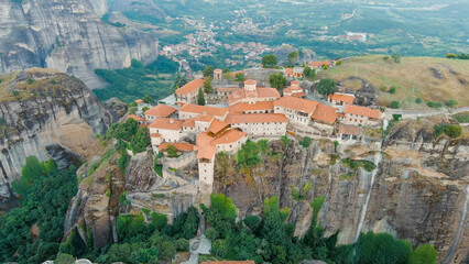Fototapeta na wymiar Meteora, Kalabaka, Greece. Monastery of the Transfiguration of the Saviour. Meteora - rocks, up to 600 meters high. There are 6 active Greek Orthodox monasteries listed on the UNESCO list, Aerial View