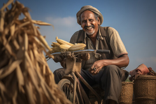 Farmer riding bicycle, village life concept