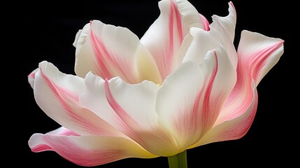 Close-up of a white pink tulip bloom with a unique shape like a lily, very attractive spring flowers