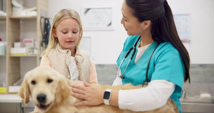 Kids, vet and a girl with her dog in a clinic for animal care during a checkup or appointment. Children, medical and a puppy in a veterinary hospital with a professional doctor for consulting