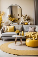 Stylish interior of living room at fancy home with design sofa, yellow side table, dried flowers, pillow, carpet decor and personal accessories in modern home decor. indoor