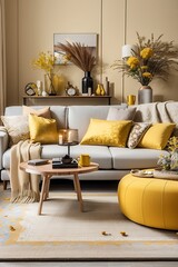 Stylish interior of living room at fancy home with design sofa, yellow side table, dried flowers, pillow, carpet decor and personal accessories in modern home decor. house