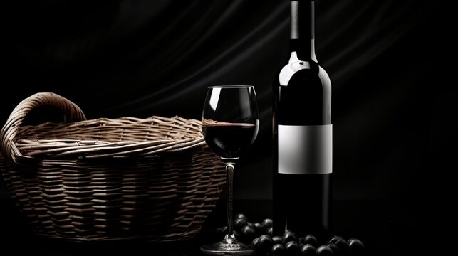 On a black and white background, a wineglass and a bottle of red wine are placed in a basket.