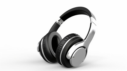 Fototapeta na wymiar Isolated Wireless Headphones on a White Background. Over-the-Ear Headset in Black and Silver with Noise Cancellation and an Integrated Microphone. Acoustic Stereo Sound System from the Side