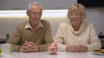 A senior couple looking at a piggy bank standing on the table while planning their family budget