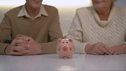 Retired people sitting at the kitchen table with a piggy bank, saving money for their pension fund