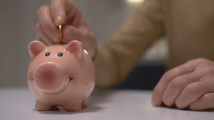 A man putting a coin in the piggy bank as part of budget planning and managing salary earnings for their pension fund - obrazy, fototapety, plakaty