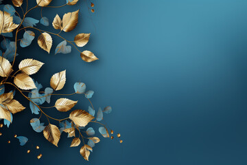 Autumn Background with golden leaves against a serene blue backdrop. Ai generated