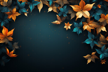 Autumn Background with golden leaves against a serene blue backdrop. Ai generated