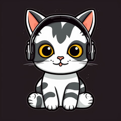 Vector Illustration of Cute Black and White Cat in Headphones