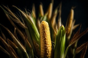 ﻿The picture is a close-up view of corn against a dark background in a photo studio.. AI Generated