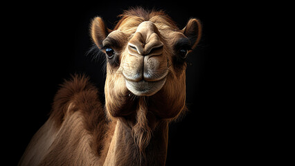 Camel on black background, in the style of contemporary realism portrait.