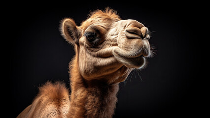 Camel on black background, in the style of contemporary realism portrait.
