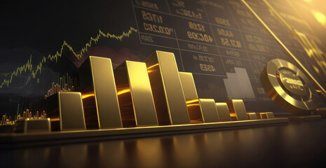 the idea of business development and success. Business graph with gold bars showing the stock market. the markets for crude oil, gold, and forex. - obrazy, fototapety, plakaty