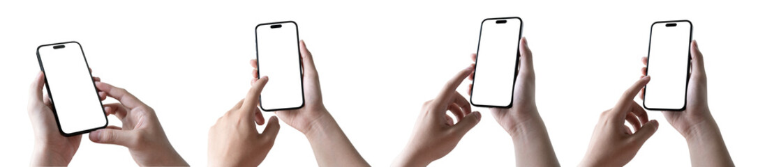 adult hands holding smartphone blank touch screen isolated on transparent background.