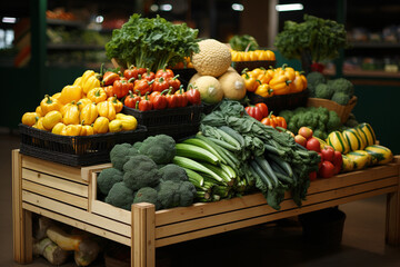 Fresh vegetables neatly arranged on market shelves. A colorful celebration of nature's bounty. Ai generated