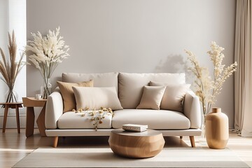 Fototapeta na wymiar Minimalist composition of living room interior with neutral sofa, design wooden side table, dried flower in vase, pillow, window, decoration and elegant personal accessoires in home decor. cream